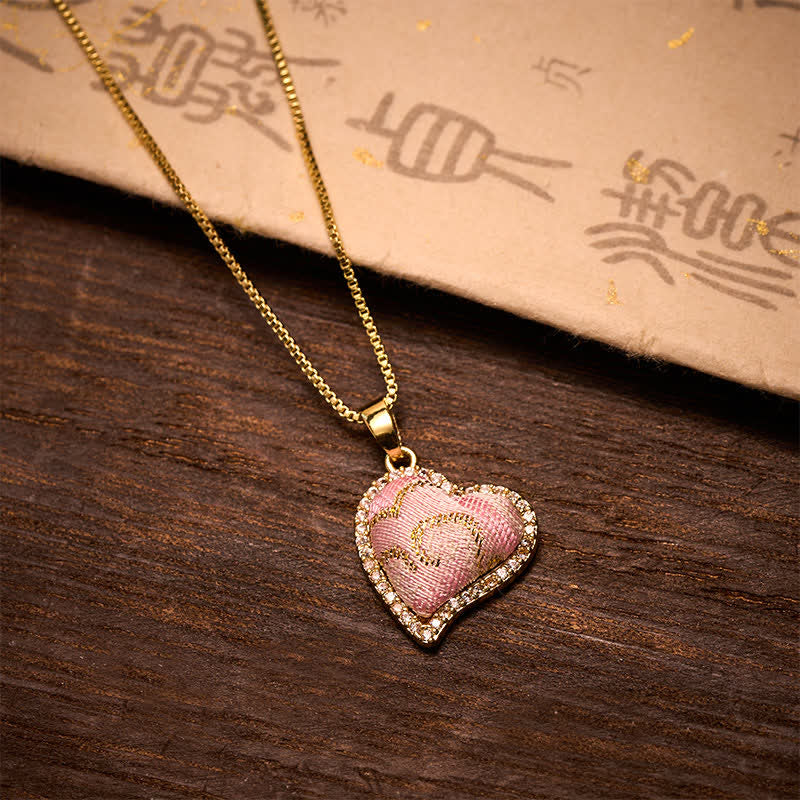 Buddha Stones Draaibare koperen hart- en klavertje vier-ingelegde roze brokaat Harmonic Connection Ketting - image 9