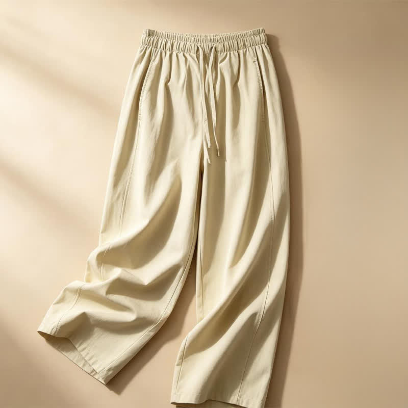 Buddha Stones Zomerse casual minimalistische broek met trekkoord, effen kleur, enkellengte , wijde pijpen, damesbroek met zakken - image 1