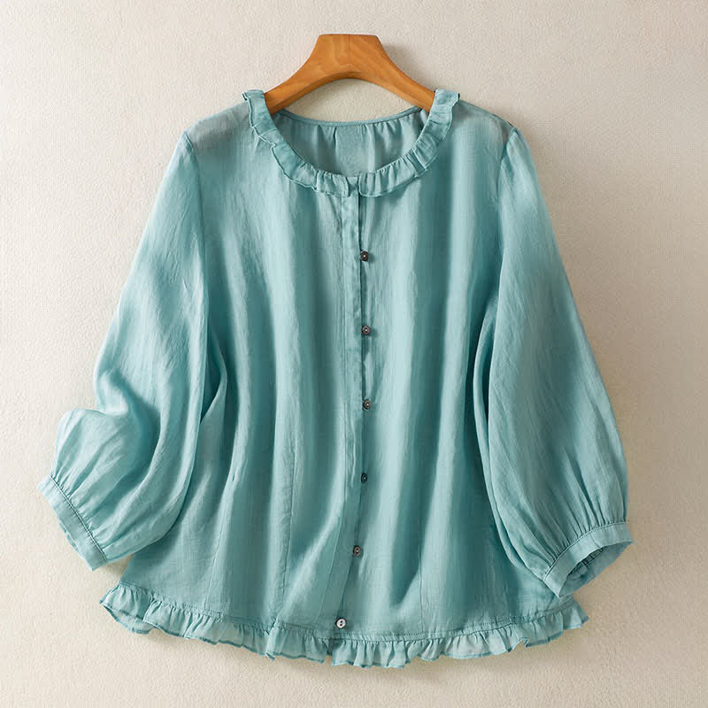Buddha Stones Zomerse casual vintage Ronde hals kleur, Overhemden met Lange mouw - Poederblauw - US12, UK/AU16, EU44 (2XL) - image 0
