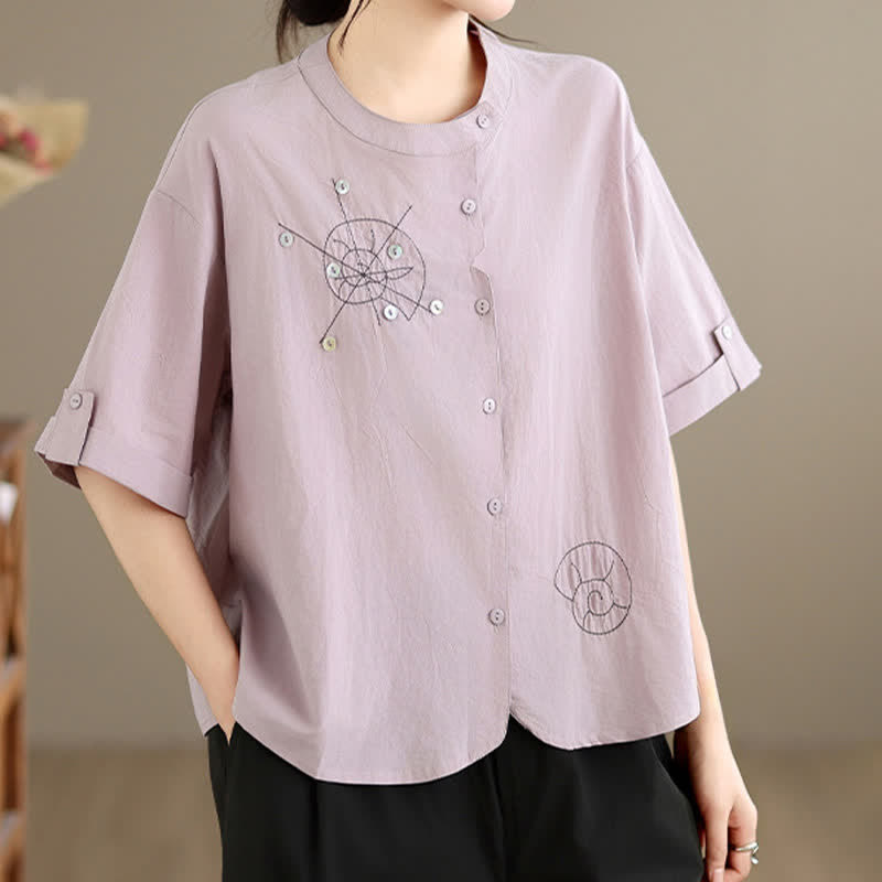 Buddha Stones Zomerse, casual, minimalistische, geborduurde slakken, geometrische Overhemden met knoopsluiting voor dames met Korte mouw - image 1