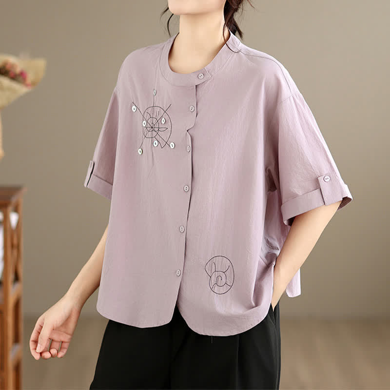 Buddha Stones Zomerse, casual, minimalistische, geborduurde slakken, geometrische Overhemden met knoopsluiting voor dames met Korte mouw - Distel - US8-10, UK/AU12-14, EU40-42 (2XL) - image 0