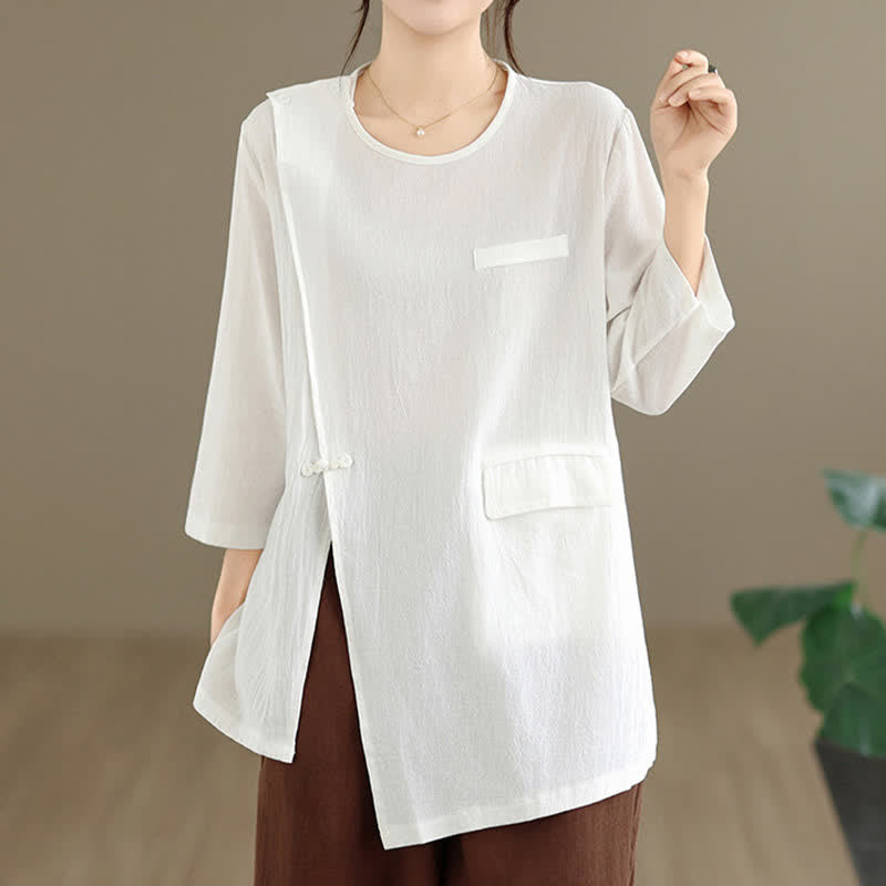 Buddha Stones Zomerse Tang-stijl T-shirt met zijsplit, Pankou-print, ronde Lange mouw voor dames, inclusief zak. - Wit - US12, UK/AU16, EU44 (3XL) - image 0