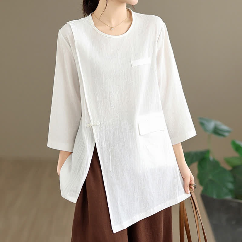 Buddha Stones Zomerse Tang-stijl T-shirt met zijsplit, Pankou-print, ronde Lange mouw voor dames, inclusief zak. - image 1