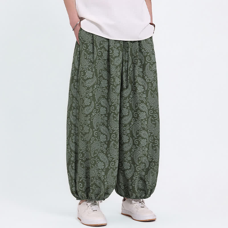 Buddha Stones Zomerse boho casual capri broek met trekkoord en paisleyprint, heren harembroek met zakken - image 1