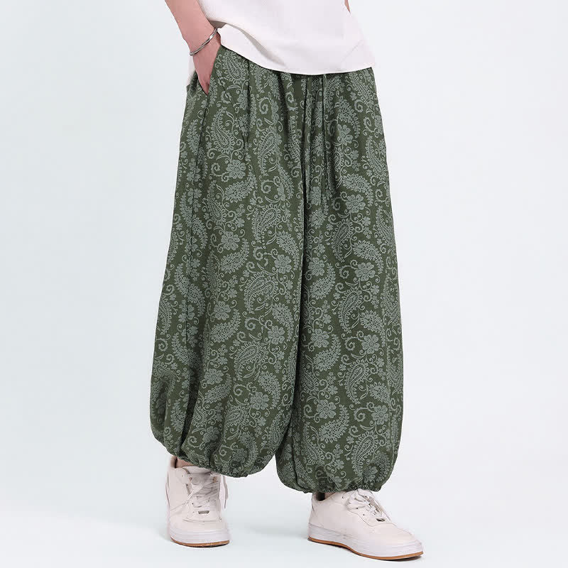 Buddha Stones Zomerse boho casual capri broek met trekkoord en paisleyprint, heren harembroek met zakken - Olijfgroen - US/UK/AU46, EU56 (5XL) - image 0