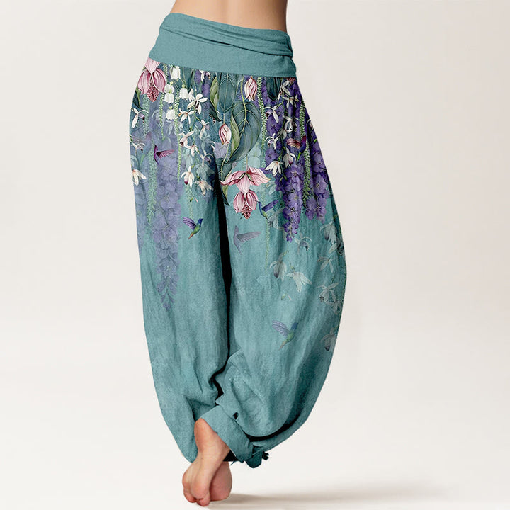 Buddha Stones Harembroek voor dames met elastische Taille en orchideeën- en vogelprint van 100% Cotton - image 1