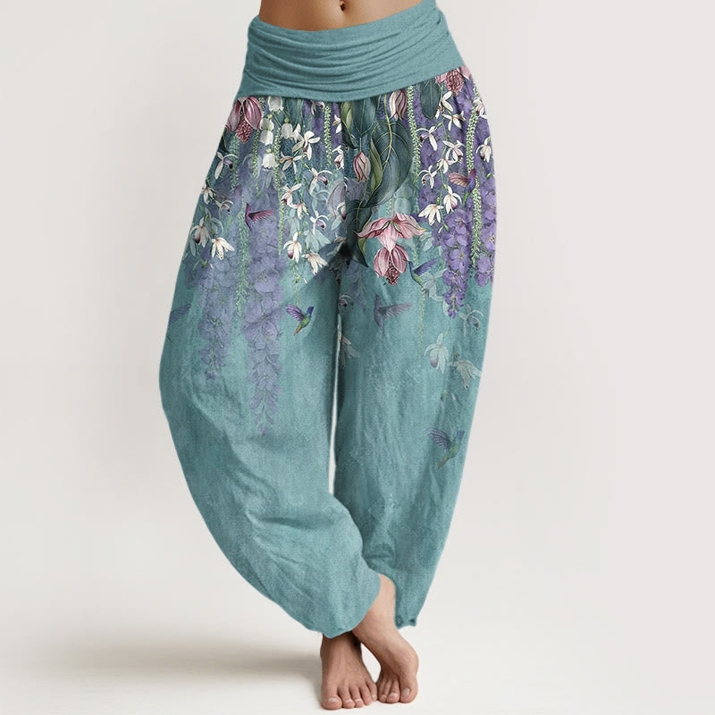Buddha Stones Harembroek voor dames met elastische Taille en orchideeën- en vogelprint van 100% Cotton - Middelgroot Turkoois - US16, UK/AU20, EU48 (3XL) - image 0