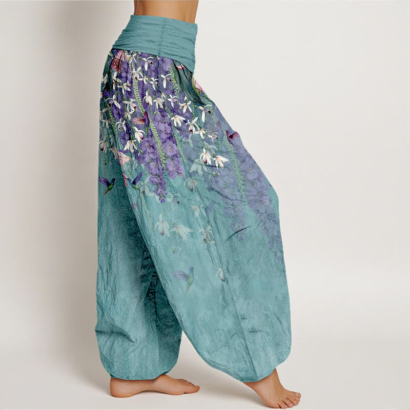 Buddha Stones Harembroek voor dames met elastische Taille en orchideeën- en vogelprint van 100% Cotton - image 2