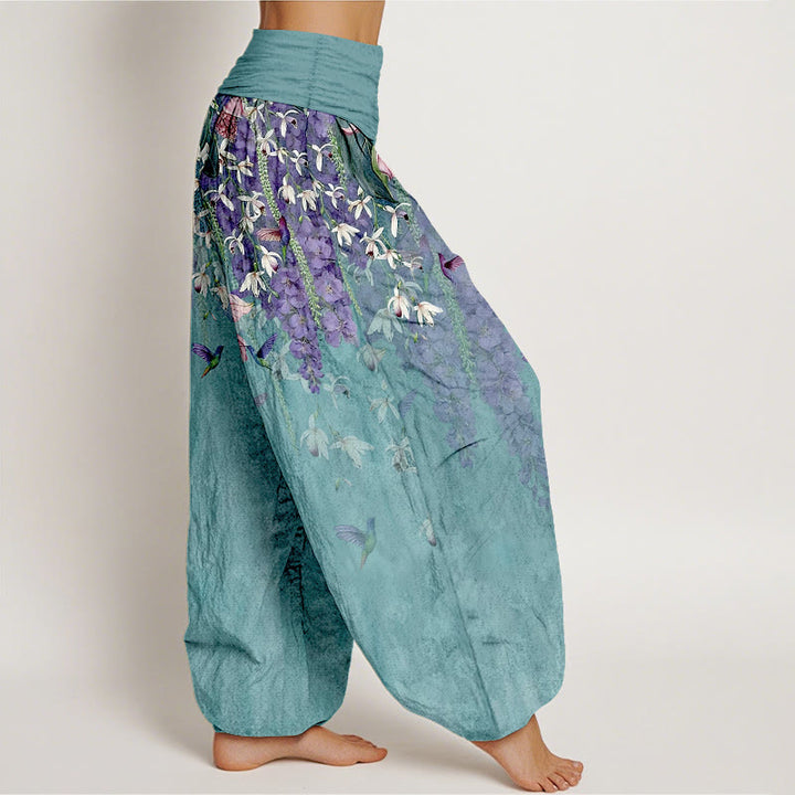 Buddha Stones Harembroek voor dames met elastische Taille en orchideeën- en vogelprint van 100% Cotton - image 2