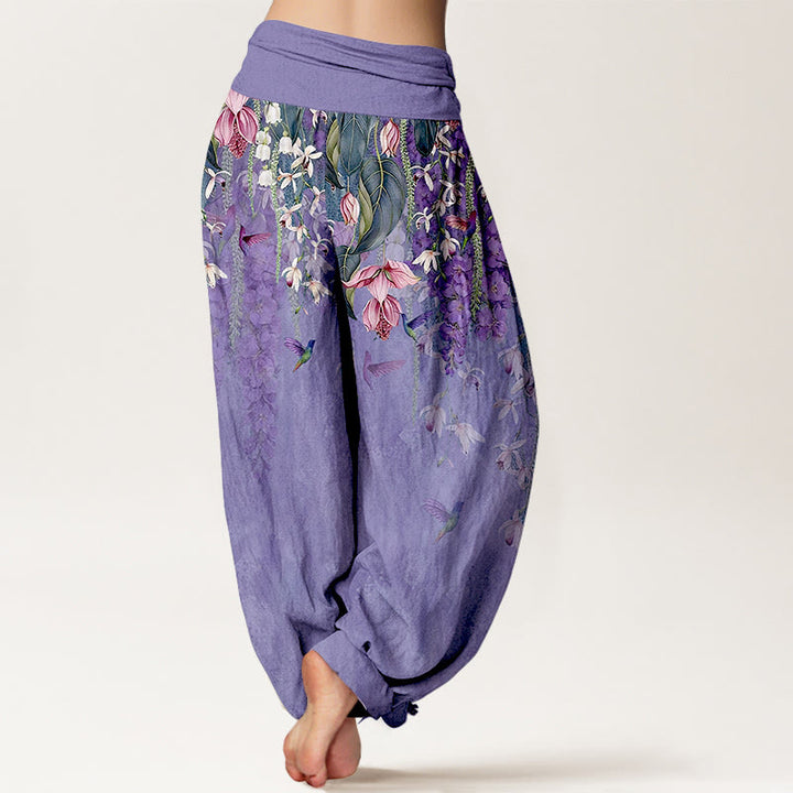 Buddha Stones Harembroek voor dames met elastische Taille en orchideeën- en vogelprint van 100% Cotton - image 6