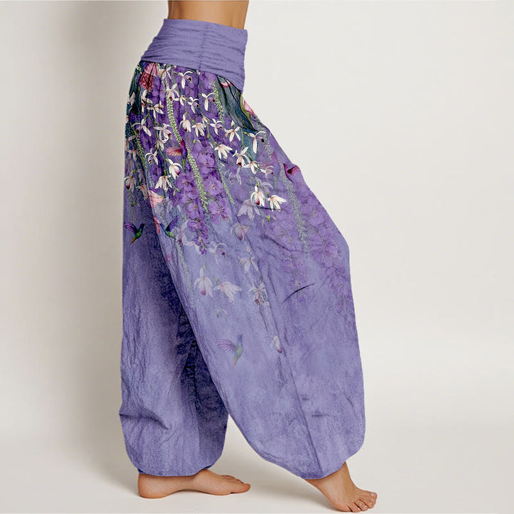 Buddha Stones Harembroek voor dames met elastische Taille en orchideeën- en vogelprint van 100% Cotton - image 7