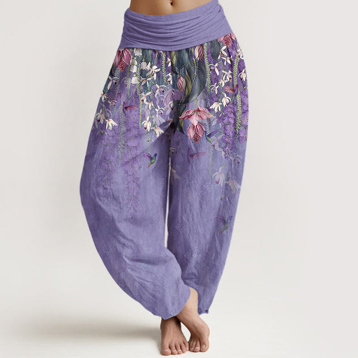 Buddha Stones Harembroek voor dames met elastische Taille en orchideeën- en vogelprint van 100% Cotton - Middelpaars - US16, UK/AU20, EU48 (3XL) - image 5
