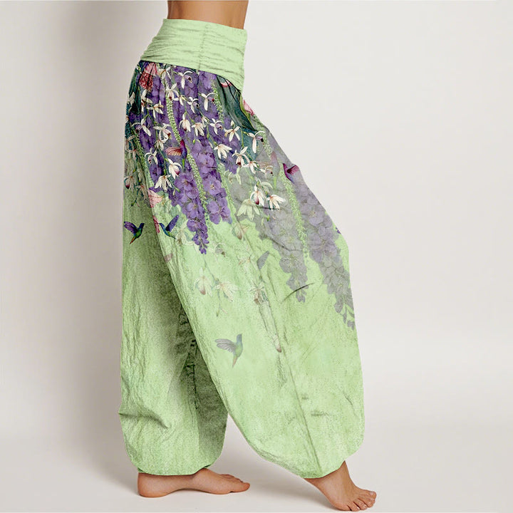 Buddha Stones Harembroek voor dames met elastische Taille en orchideeën- en vogelprint van 100% Cotton - image 10