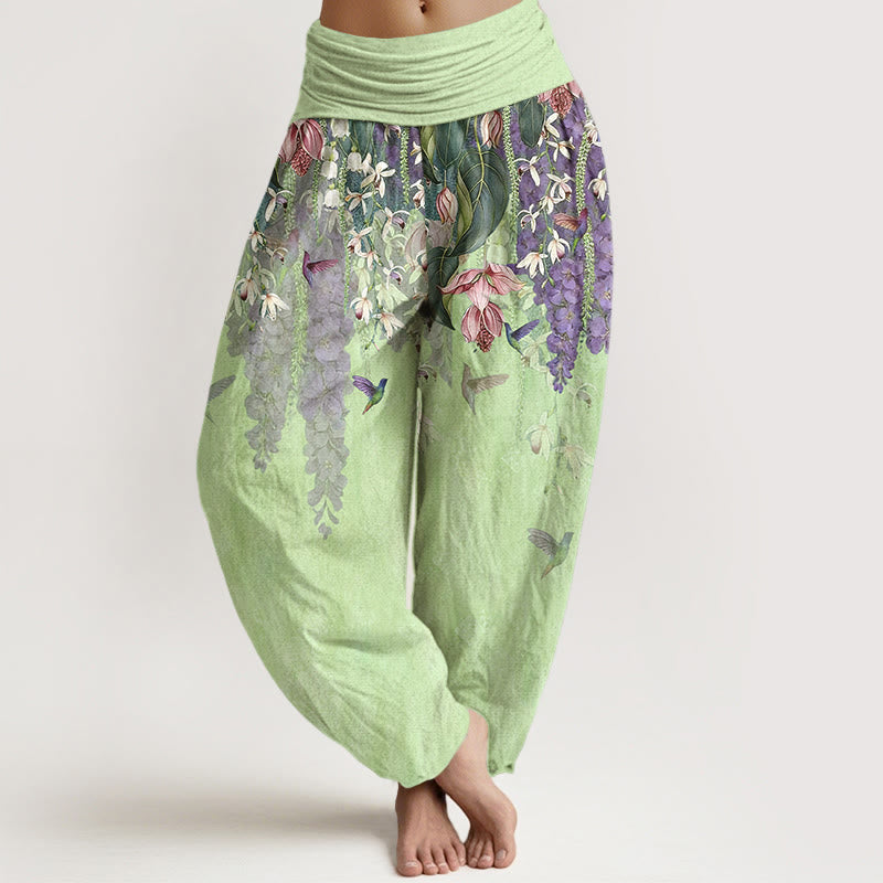Buddha Stones Harembroek voor dames met elastische Taille en orchideeën- en vogelprint van 100% Cotton - Honingmeloen - US16, UK/AU20, EU48 (3XL) - image 8