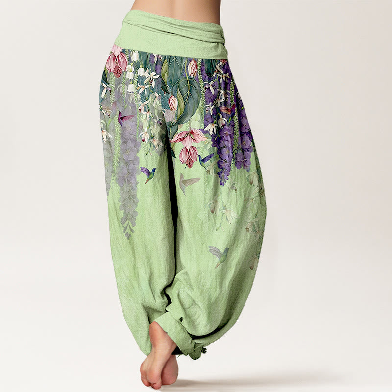 Buddha Stones Harembroek voor dames met elastische Taille en orchideeën- en vogelprint van 100% Cotton - image 9