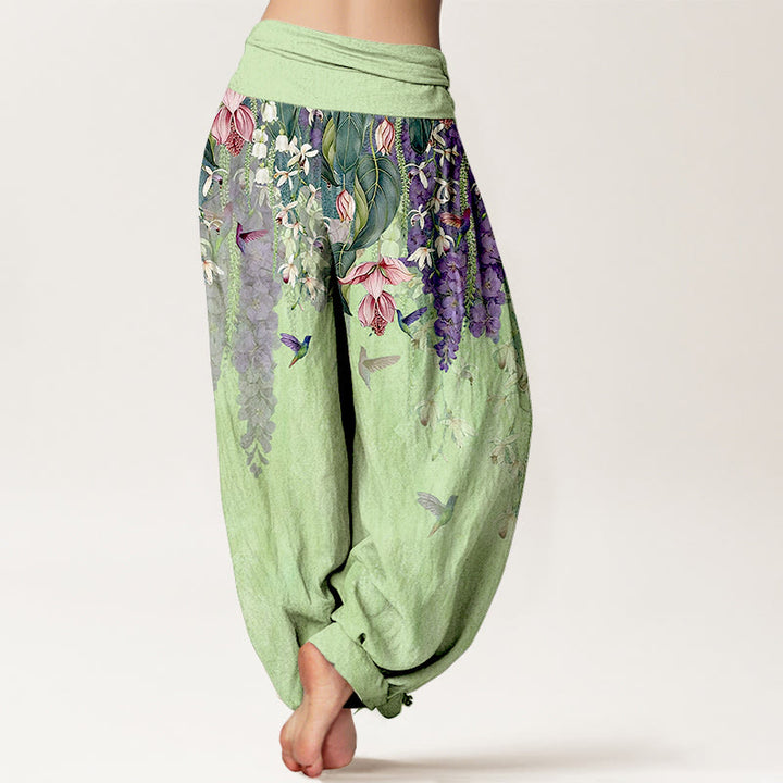 Buddha Stones Harembroek voor dames met elastische Taille en orchideeën- en vogelprint van 100% Cotton - image 9