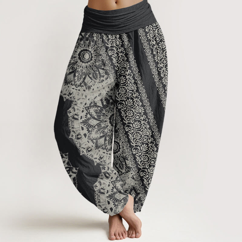 Buddha Stones Harembroek voor dames met elastische Taille en mandala-patroon van 100% Cotton en parallelle bloemen. - Donkergrijs - US22, UK/AU26, EU54 (6XL) - image 0