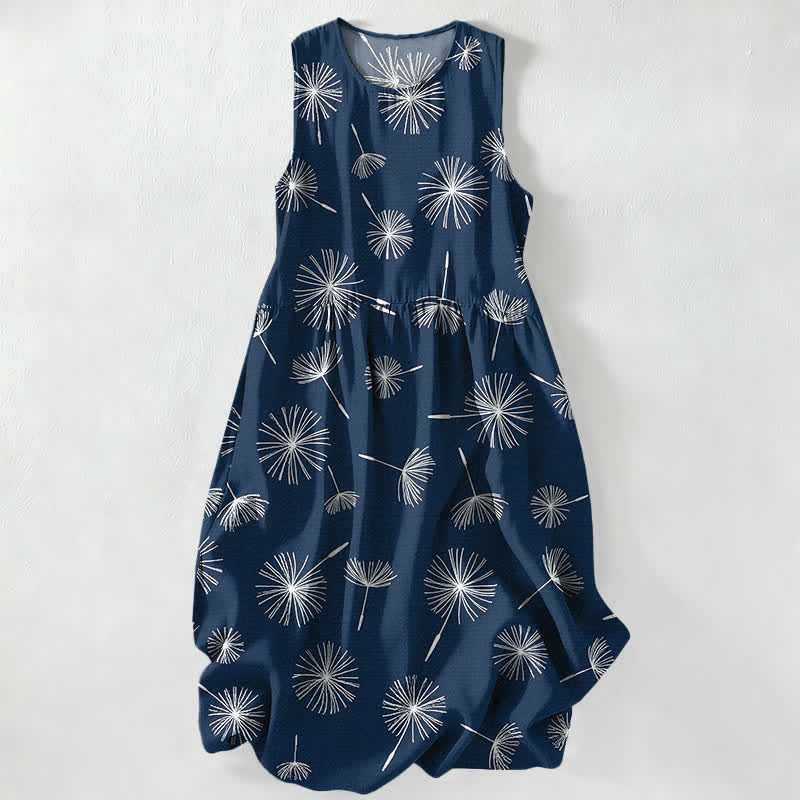 Buddha Stones Zomerse, casual Mouwloos Midi -jurk voor dames met paardenbloemmotief en Zakken. - Marine - US16, UK/AU20, EU48 (3XL) - image 0