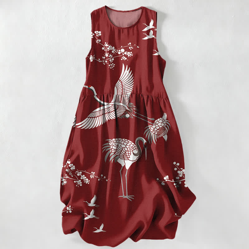 Buddha Stones Zomerse casual Mouwloos Midi -jurk voor dames met kraanvogelbloesempatroon en Zakken - Kastanjebruin - US16, UK/AU20, EU48 (3XL) - image 0