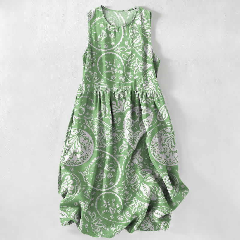 Buddha Stones Zomerse casual witte Mouwloos Midi -jurk voor dames met medaillon- en bloemenpatroon en Zakken. - Lichtgroen - US16, UK/AU20, EU48 (3XL) - image 0