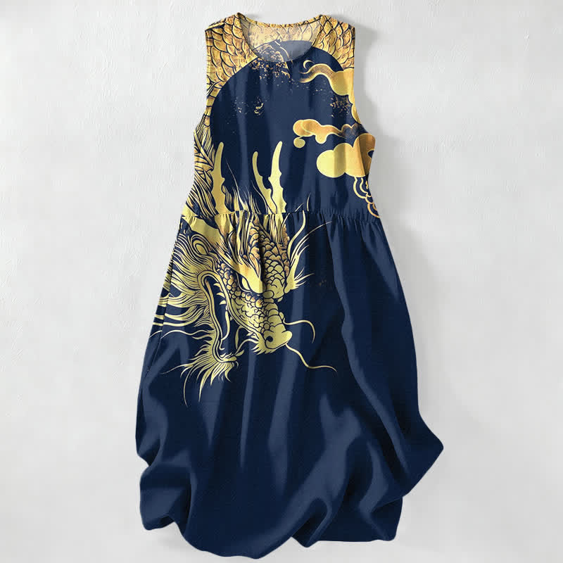 Buddha Stones Zomerse casual Mouwloos Midi -jurk voor dames met gouden draak- en wolkenpatroon en Zakken. - Marine - US16, UK/AU20, EU48 (3XL) - image 0