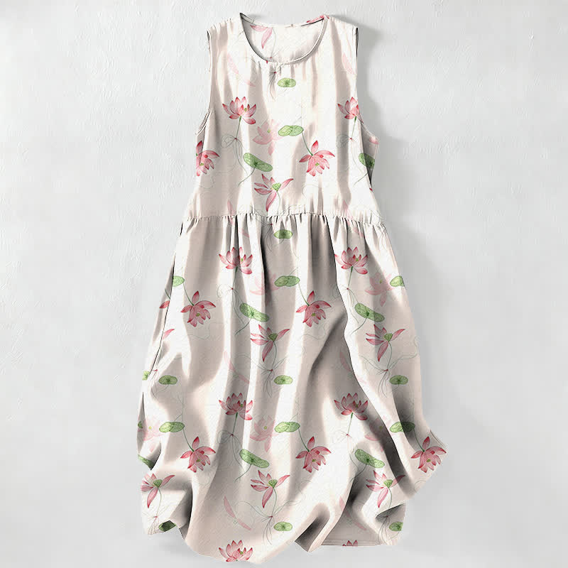 Buddha Stones Zomerse casual Midi -jurk voor dames met lotusbladmotief , Mouwloos en met Zakken. - Ivoor - US16, UK/AU20, EU48 (3XL) - image 0