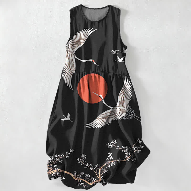 Buddha Stones Zomerse casual Mouwloos Midi -jurk voor dames met kraanvogel- en zonpatroon en Zakken. - Zwart - US16, UK/AU20, EU48 (3XL) - image 0