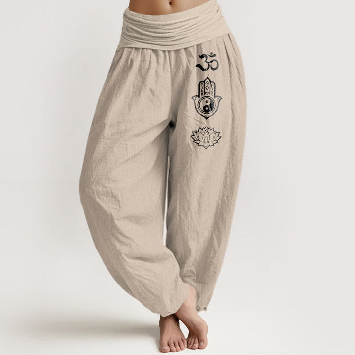 Buddha Stones Harembroek voor dames met elastische Taille en Om Hamsa Yin Yang Lotus-patroon van 100% Cotton - Bruinen - US16, UK/AU20, EU48 (3XL) - image 0