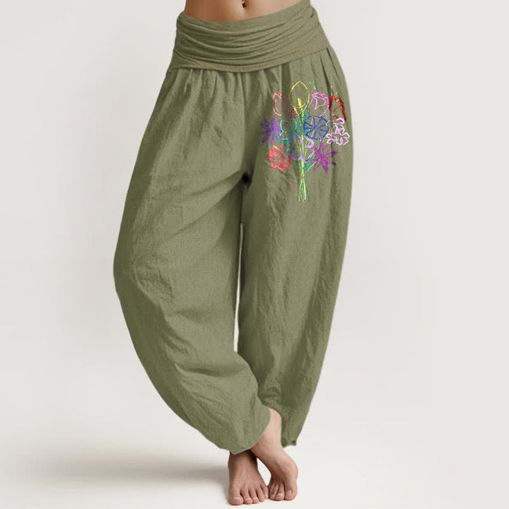 Buddha Stones Harembroek voor dames met elastische Taille en bloemenboeketpatroon van 100% Cotton - Olijfgroen - US16, UK/AU20, EU48 (3XL) - image 11