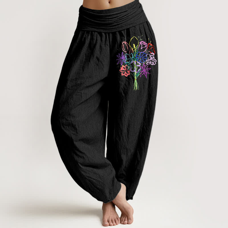 Buddha Stones Harembroek voor dames met elastische Taille en bloemenboeketpatroon van 100% Cotton - Zwart - US16, UK/AU20, EU48 (3XL) - image 0