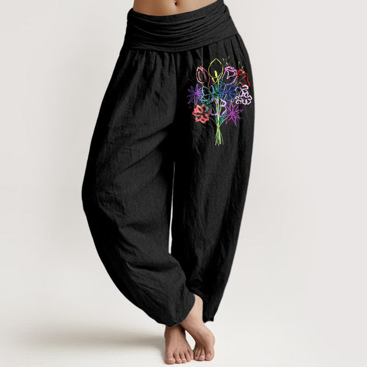 Buddha Stones Harembroek voor dames met elastische Taille en bloemenboeketpatroon van 100% Cotton - Zwart - US16, UK/AU20, EU48 (3XL) - image 0