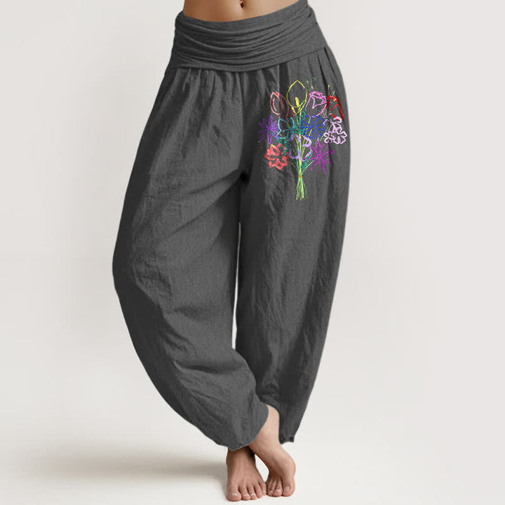 Buddha Stones Harembroek voor dames met elastische Taille en bloemenboeketpatroon van 100% Cotton - Donkergrijs - US16, UK/AU20, EU48 (3XL) - image 8