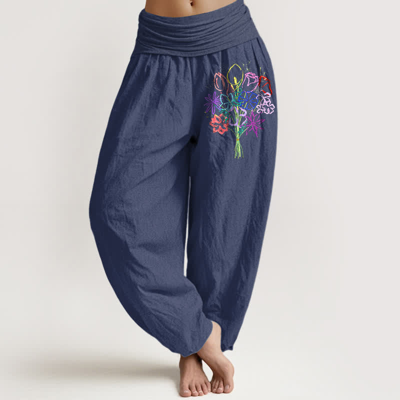 Buddha Stones Harembroek voor dames met elastische Taille en bloemenboeketpatroon van 100% Cotton - Donker leisteenblauw - US16, UK/AU20, EU48 (3XL) - image 5