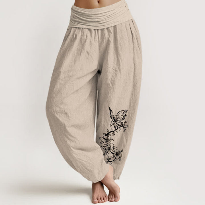 Buddha Stones Harembroek voor dames met elastische Taille en vlinder- en bloemenprint van 100% Cotton - Bruinen - US16, UK/AU20, EU48 (3XL) - image 14