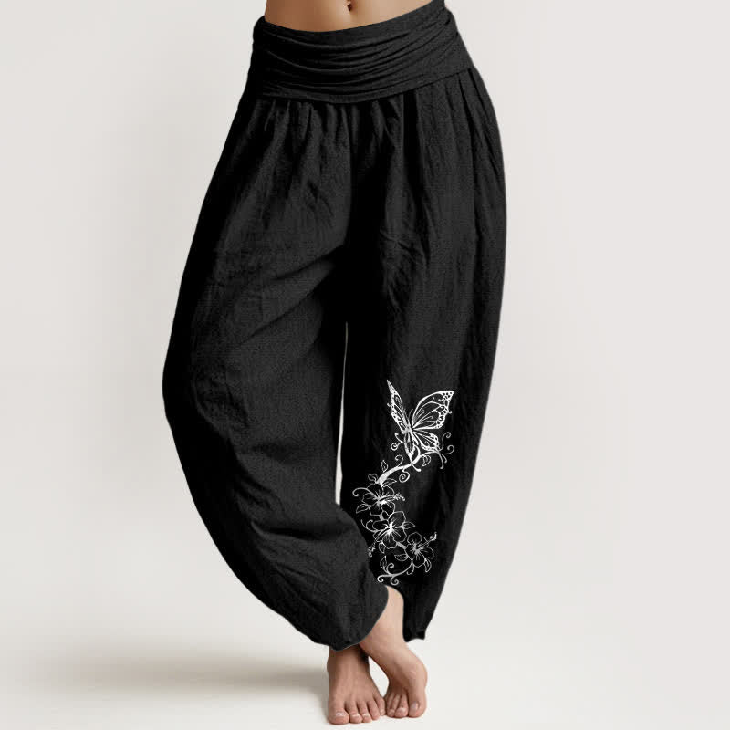 Buddha Stones Harembroek voor dames met elastische Taille en vlinder- en bloemenprint van 100% Cotton - Zwart - US16, UK/AU20, EU48 (3XL) - image 5