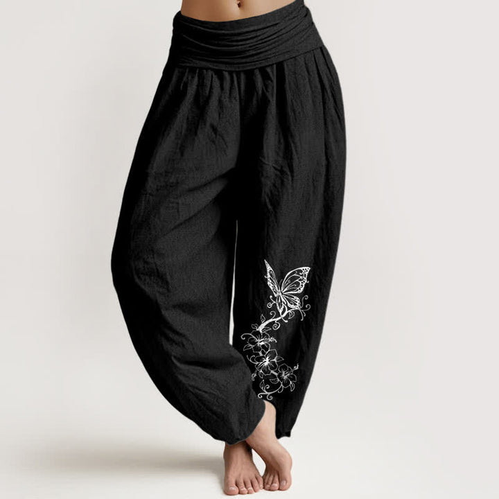 Buddha Stones Harembroek voor dames met elastische Taille en vlinder- en bloemenprint van 100% Cotton - Zwart - US16, UK/AU20, EU48 (3XL) - image 5