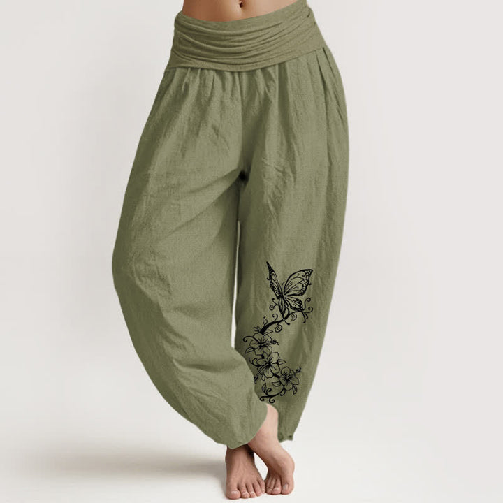 Buddha Stones Harembroek voor dames met elastische Taille en vlinder- en bloemenprint van 100% Cotton - Olijfgroen - US16, UK/AU20, EU48 (3XL) - image 11