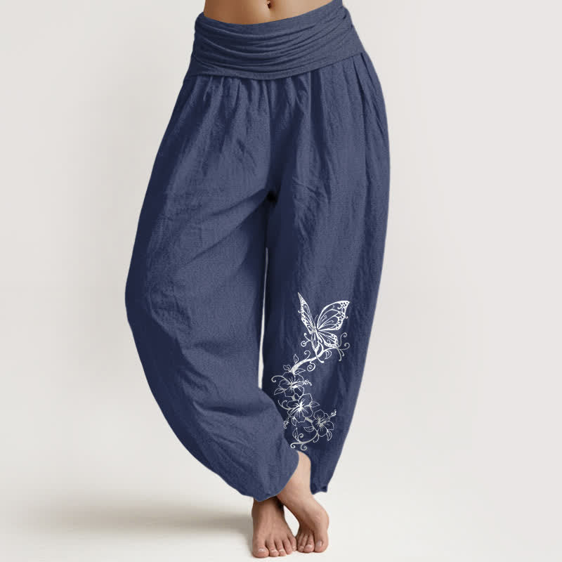 Buddha Stones Harembroek voor dames met elastische Taille en vlinder- en bloemenprint van 100% Cotton - Donker leisteenblauw - US16, UK/AU20, EU48 (3XL) - image 0