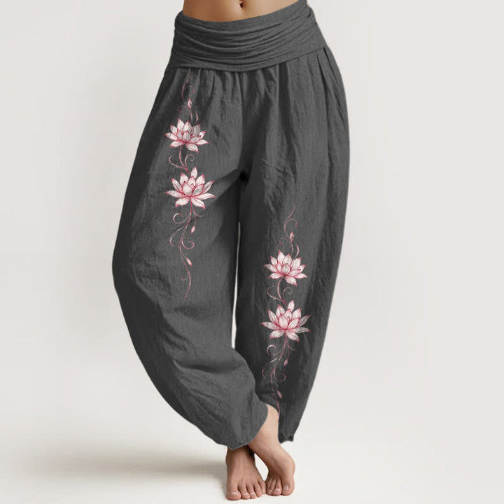 Buddha Stones Harembroek voor dames met elastische Taille en lotusbloemmotief , 100% Cotton - Donkergrijs - US16, UK/AU20, EU48 (3XL) - image 8