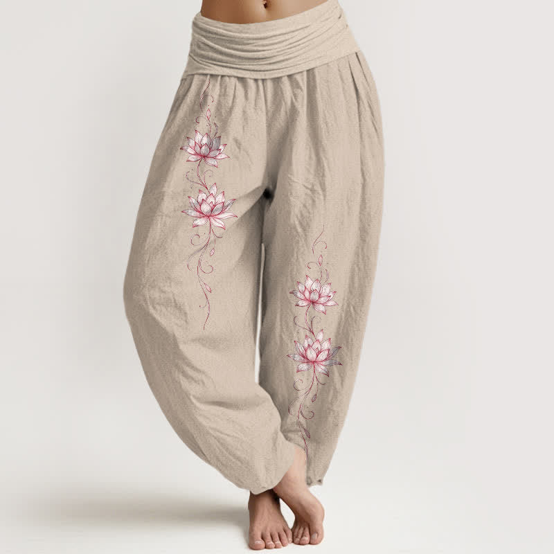 Buddha Stones Harembroek voor dames met elastische Taille en lotusbloemmotief , 100% Cotton - Bruinen - US16, UK/AU20, EU48 (3XL) - image 14