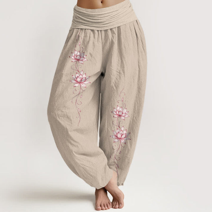Buddha Stones Harembroek voor dames met elastische Taille en lotusbloemmotief , 100% Cotton - Bruinen - US16, UK/AU20, EU48 (3XL) - image 14