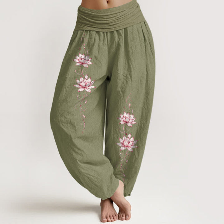 Buddha Stones Harembroek voor dames met elastische Taille en lotusbloemmotief , 100% Cotton - Olijfgroen - US16, UK/AU20, EU48 (3XL) - image 11
