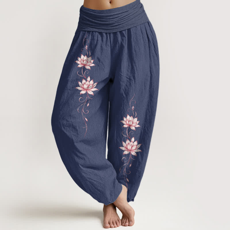 Buddha Stones Harembroek voor dames met elastische Taille en lotusbloemmotief , 100% Cotton - Donker leisteenblauw - US16, UK/AU20, EU48 (3XL) - image 5
