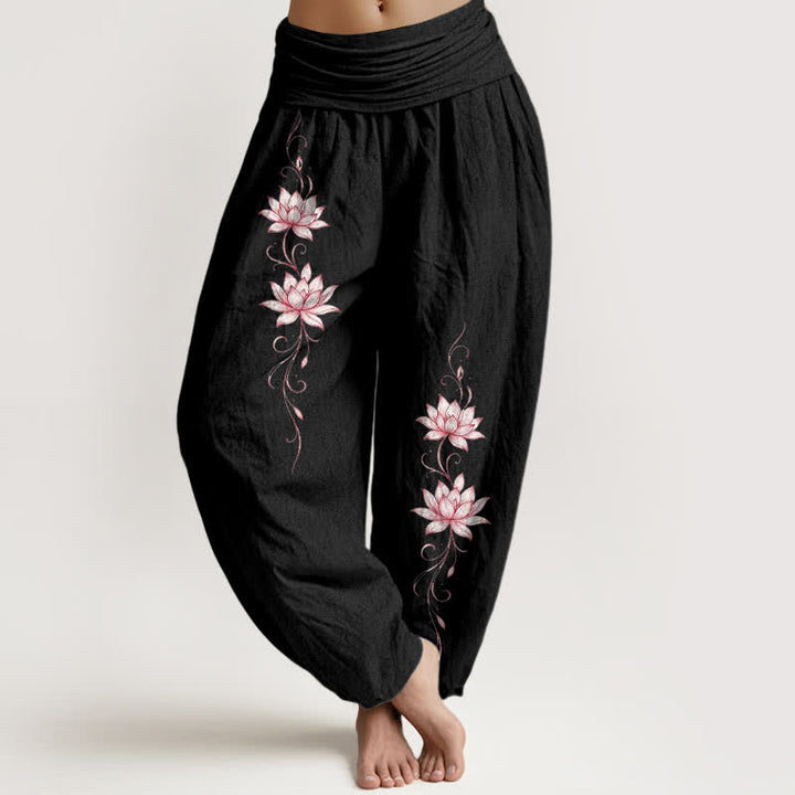 Buddha Stones Harembroek voor dames met elastische Taille en lotusbloemmotief , 100% Cotton - Zwart - US16, UK/AU20, EU48 (3XL) - image 0