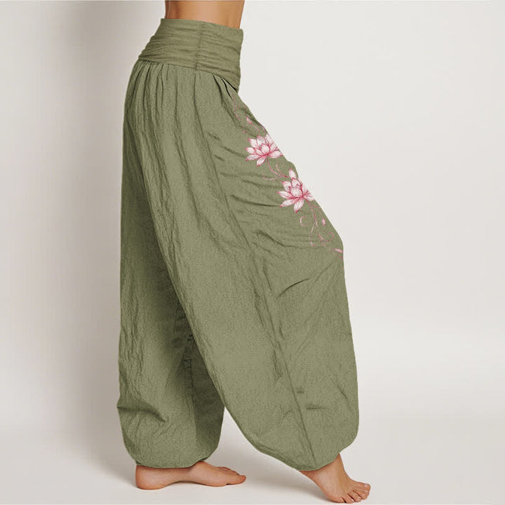 Buddha Stones Harembroek voor dames met elastische Taille en lotusbloemmotief , 100% Cotton - image 13
