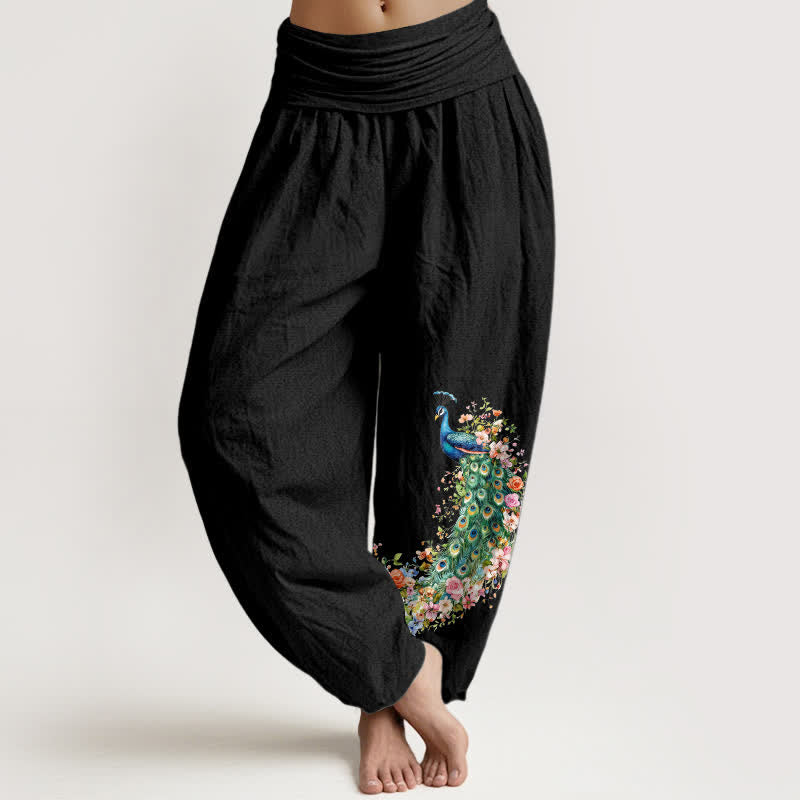 Buddha Stones Harembroek voor dames met elastische Taille en pauwen- en bloemenprint van 100% Cotton - Zwart - US16, UK/AU20, EU48 (3XL) - image 0