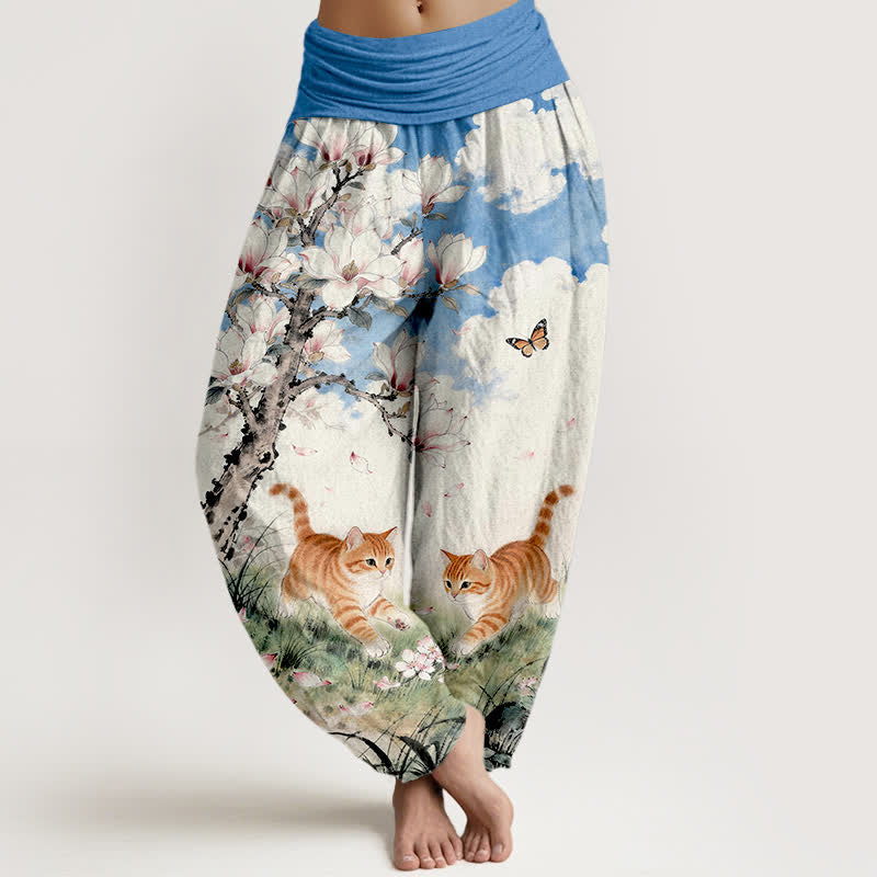 Buddha Stones Harembroek voor dames met elastische Taille , 100% Cotton met een patroon van magnolia-oranje gestreepte katten. - Korenbloemblauw - US16, UK/AU20, EU48 (3XL) - image 0