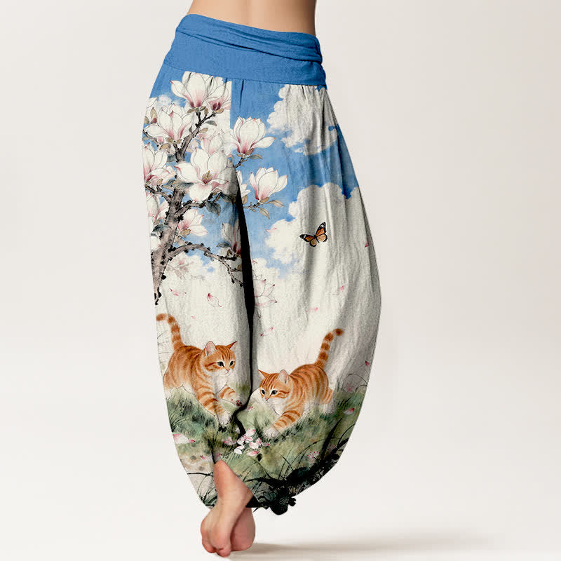 Buddha Stones Harembroek voor dames met elastische Taille , 100% Cotton met een patroon van magnolia-oranje gestreepte katten. - image 1