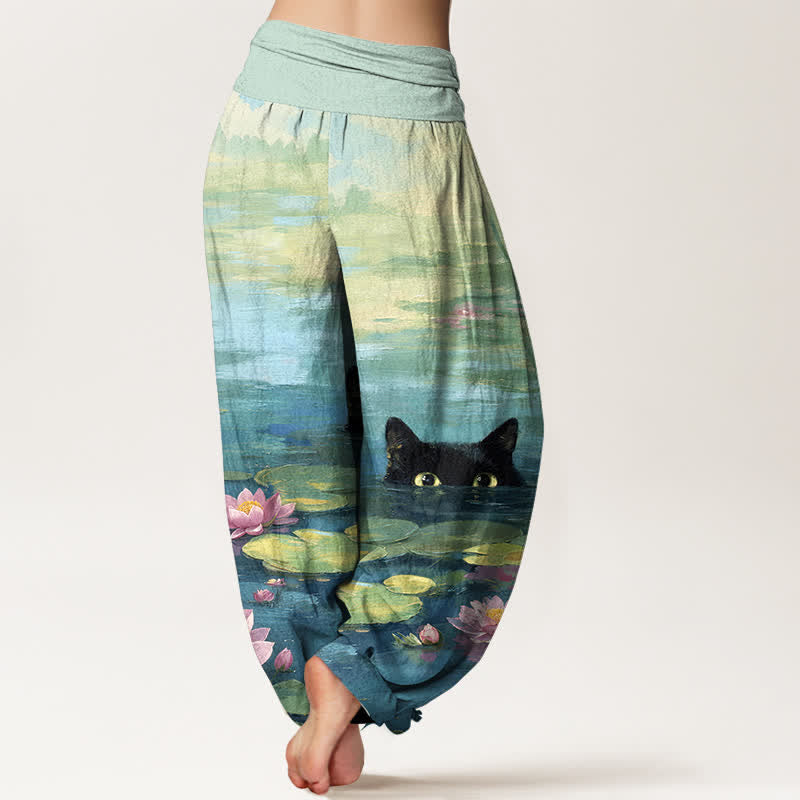 Buddha Stones Dames harembroek met elastische Taille en lotusvijverpatroon, katoenen lotusvijverkat - image 1