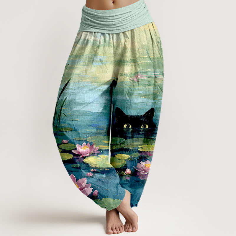 Buddha Stones Dames harembroek met elastische Taille en lotusvijverpatroon, katoenen lotusvijverkat - Middelgroot Turkoois - US16, UK/AU20, EU48 (3XL) - image 0